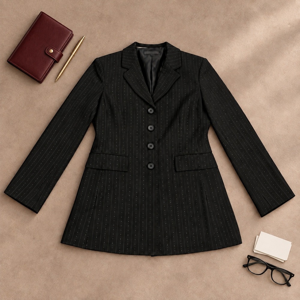 John Meyer Collection Women's 12 Black Pinstripe Longline Blazer Stretch